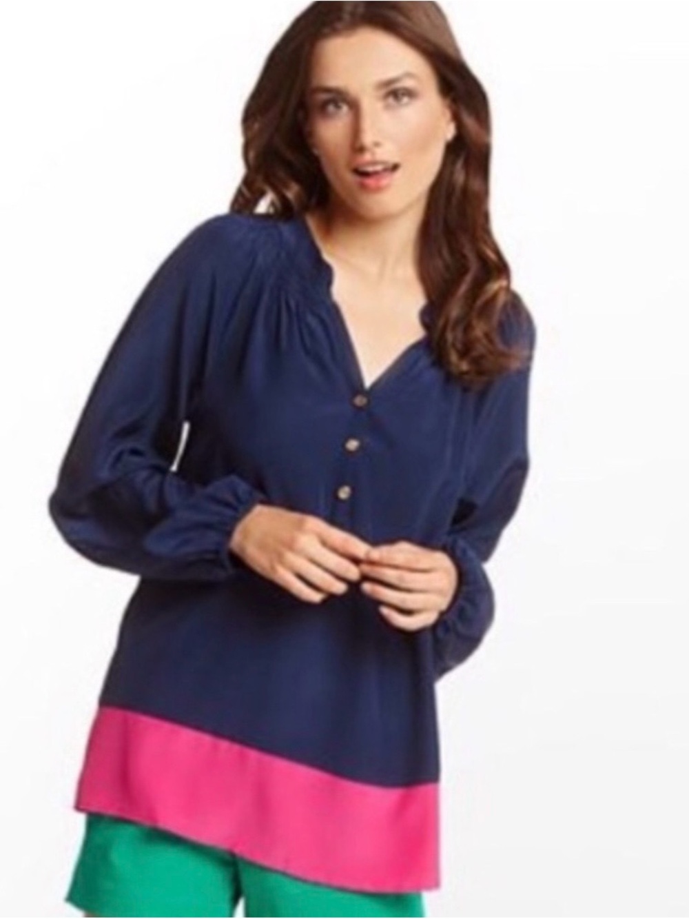 Lilly Pulitzer Navy And Pink Colorblock Silk Elsa Top Size M